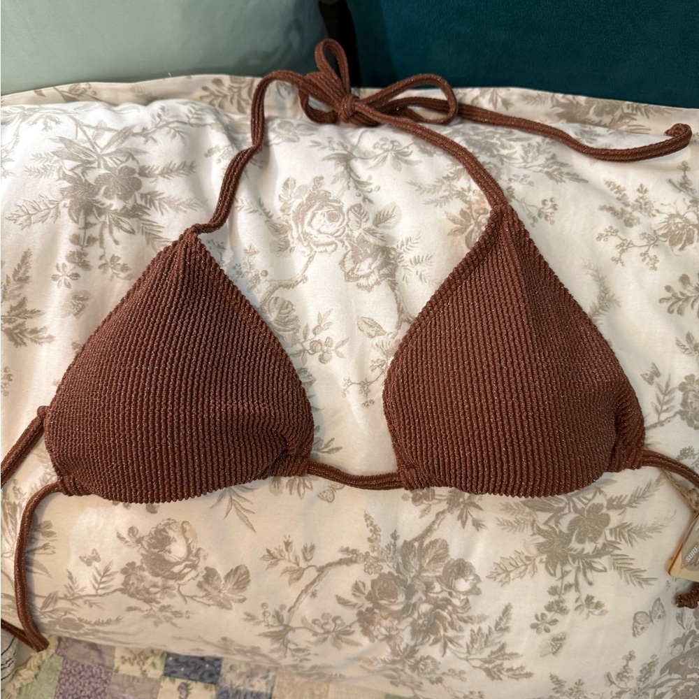 New Large Brown & Silver Knit Tie Halter Bikini Top